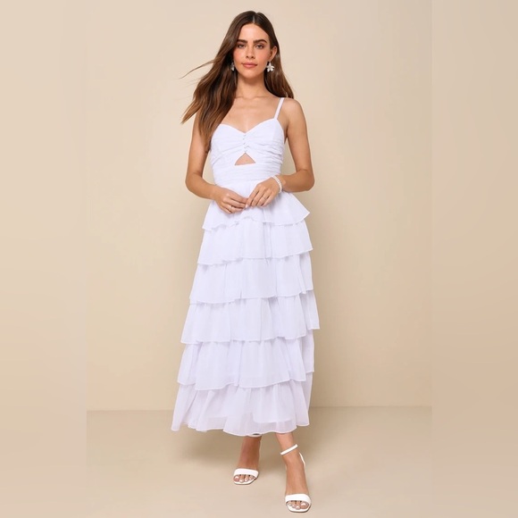 NWT Lulu’s Poised Impression White Tiered Ruffled Cutout Midi Dress Size Medium - Picture 1 of 7